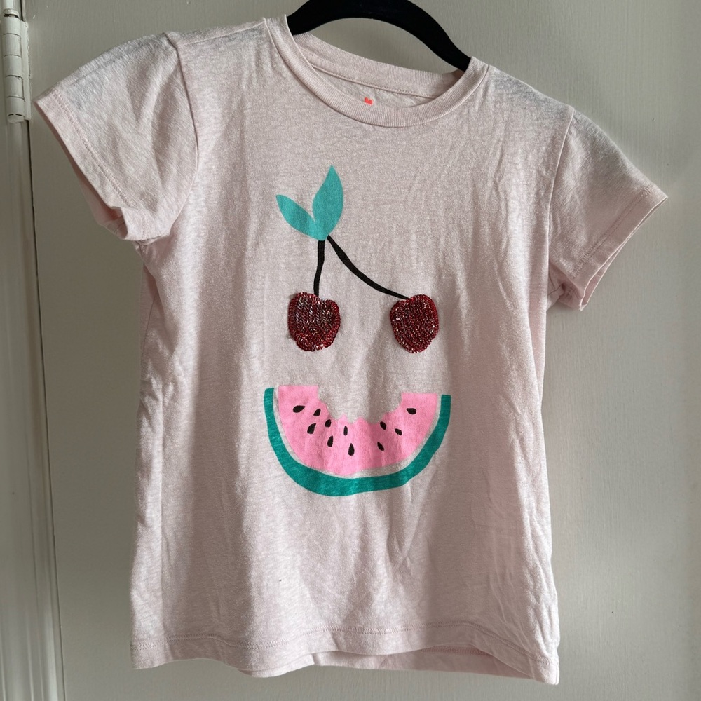 Crewcuts Light Pink Tee with Sequin Cherries & Watermelon Size 8
